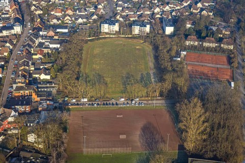 Aerial view, Glück-Auf-Stadion (Glückaufstadion) football stadium and tennis courts, sports