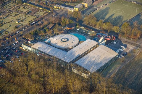 Aerial view, Maximare adventure pool with indoor and outdoor pools, slides, aqua fitness