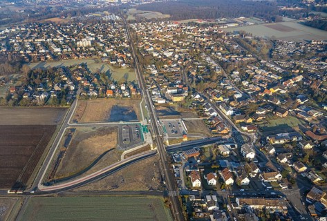Aerial view, residential area Westtünnen, planned local transport connection with stop in