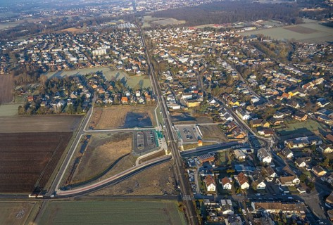 Aerial view, residential area in Westtünnen district, planned local transport connection with stop