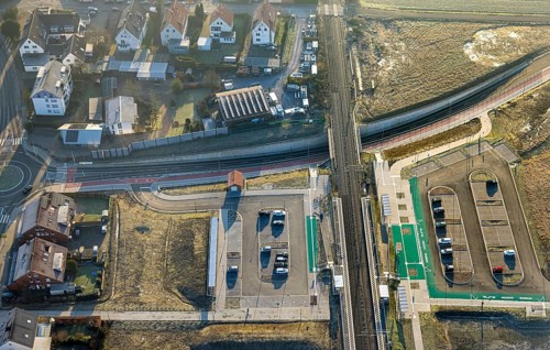 Aerial view, planned local transport connection with stop in Westtünnen, construction site on