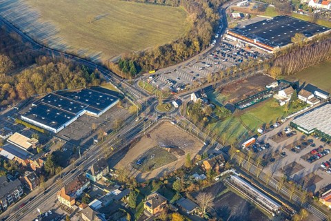 Aerial view, Münsterstraße federal road B63 at Sachsenring roundabout, former Praktiker DIY store