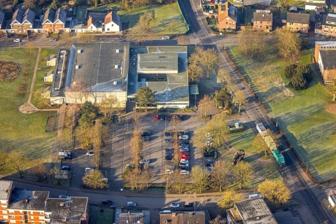 Aerial view, Sachsenhalle multi-purpose sports hall, car parks, Heessen district, Hamm, Ruhr area,