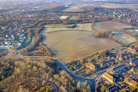 Aerial view, meadow area north of Sachsenring to Vogelsang, roundabout, district of Heessen, Hamm,