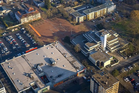 Aerial view, Höveler Markt market square and terraced town hall Bürgeramt, on the left the
