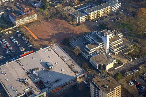Aerial view, Höveler Markt market square and terraced town hall Bürgeramt, on the left the