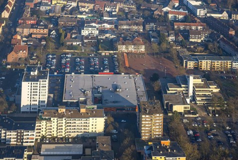 Aerial view, Höveler Markt market square and terraced town hall citizens' office, on the left the