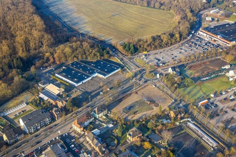 Aerial view, Münsterstraße Bundesstraße B63 at the Sachsenring roundabout, former Praktiker DIY
