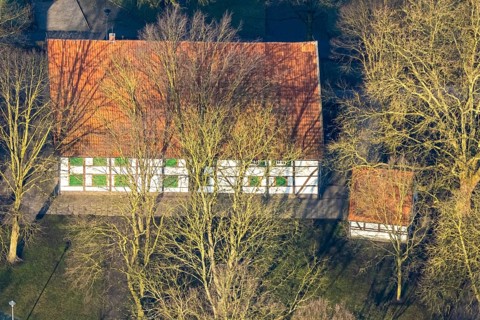 Aerial view, Brokhof half-timbered house, old farmhouse as event venue and cultural centre, Heessen