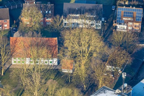 Aerial view, Brokhof half-timbered house, old farmhouse as event venue and cultural centre, Heessen