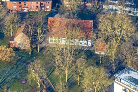 Aerial view, Brokhof half-timbered house, old farmhouse as event venue and cultural centre, Heessen