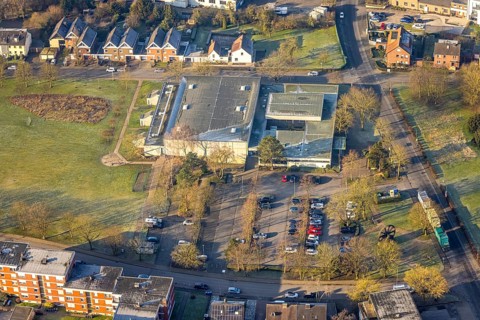 Aerial view, Sachsenhalle multi-purpose sports hall, car parks, Heessen district, Hamm, Ruhr area,