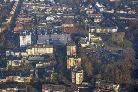 Aerial view, Höveler Markt market square and terraced town hall citizens' office, on the left the