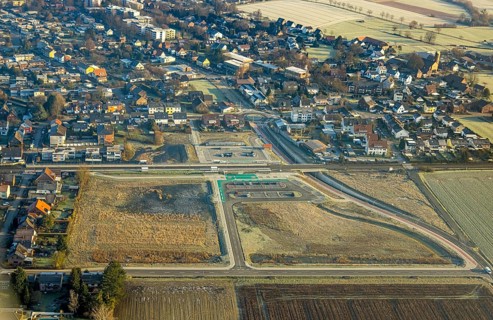 Aerial view, planned local transport connection with stop in Westtünnen, construction site on