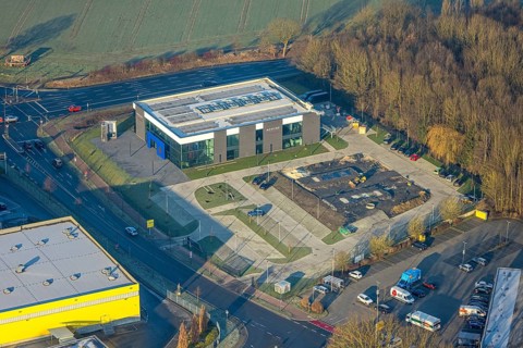 Aerial view, building site with new Mensing Galerie building on the corner of Werler Straße and