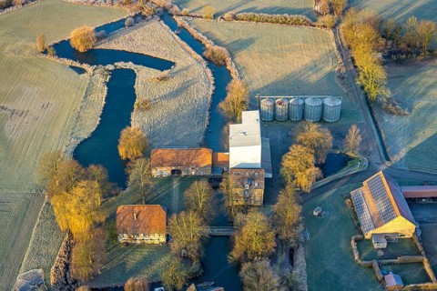 Aerial view, farm Schwannemühle at the river Ahse, wintry landscape, village Welver, Dinker,