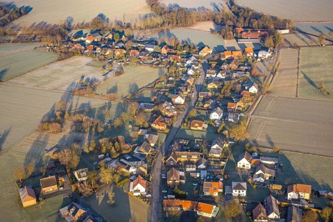 Aerial view, residential area, view of the district of Illingen surrounded by meadows and fields,
