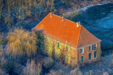 Aerial view, Haus Hohenover, historical landmark with plant growth on the house wall and red roof