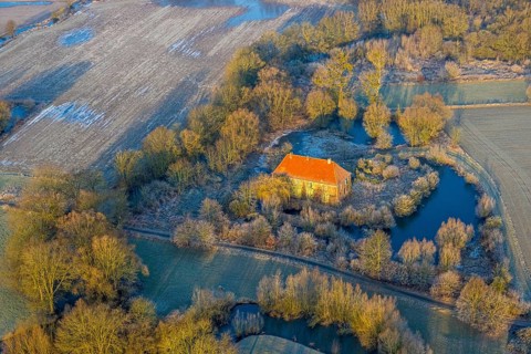 Aerial view, Haus Hohenover, historical landmark with plant growth on the house wall and red roof