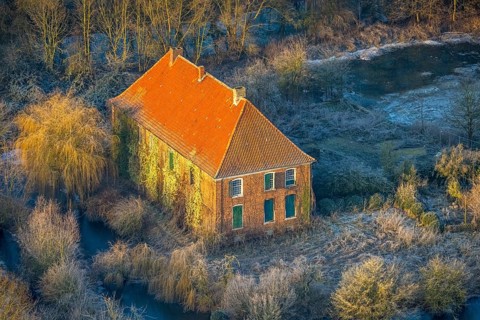 Aerial view, Haus Hohenover, historical landmark with plant growth on the house wall and red roof