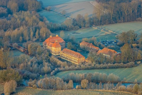 Aerial view, Schloss Oberwerries moated castle in the Lippe floodplains, educational centre and