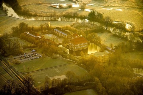 Aerial view, Schloss Oberwerries moated castle in the Lippe floodplains, educational centre and
