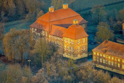 Aerial view, Schloss Oberwerries moated castle in the Lippe floodplains, educational centre and