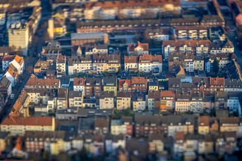 ATTENTION Photos with partial blurring caused by tilt technique on the lens side, aerial view,