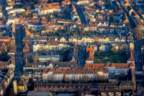 ATTENTION Photos with partial blurring caused by tilt technique on the lens side, aerial view,