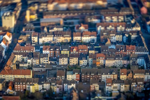 ATTENTION Photos with partial blurring caused by tilt technique on the lens side, aerial view,