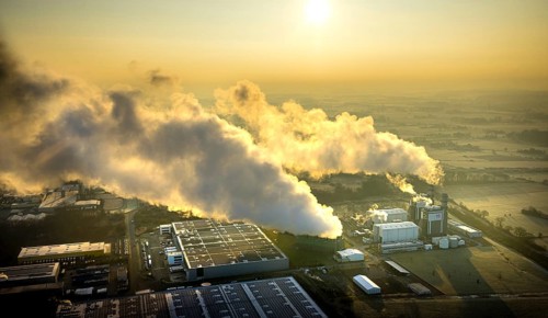 Aerial view, Trianel gas-fired power plant GuD Hamm power supply company with clouds of smoke
