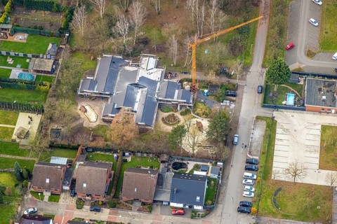 Aerial view, Arche Noah Herringen day care centre construction site, Herringen district, Hamm, Ruhr