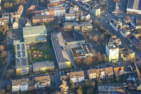 Aerial view, Eduard-Spranger-Berufskolleg and Vorheider Weg bunker, centre, Hamm, Ruhr area, North