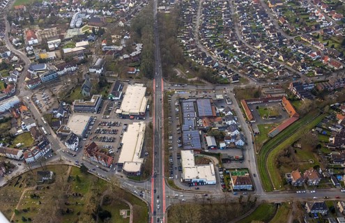 Aerial view, Dortmunder Straße shopping centre with DM, Rewe, Aldi and Edeka supermarket, St.