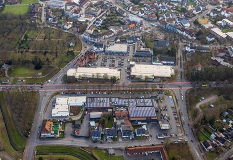 Aerial view, Dortmunder Straße shopping centre with DM, Rewe, Aldi and Edeka supermarket, St.