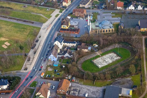 Aerial view, DitiB Ulu Camii Mosque and Barbara Stadium Dortmunder Straße, Herringen district,