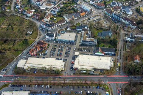 Aerial view, Dortmunder Straße shopping centre with DM, Aldi and Edeka supermarket, Evangelical St.