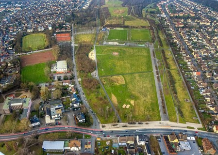 Aerial view, Lippepark, Glück-Auf-Stadion sports ground and tennis courts Tennisclub Herringen 1956
