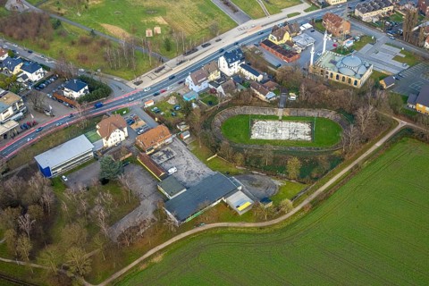 Aerial view, DitiB Ulu Camii Mosque and Barbara Stadium Dortmunder Straße, Herringen district,