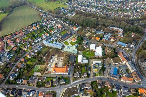 Aerial view, Herringen centre, Holzstraße residential area with Heilig Kreuz Catholic Church, St.