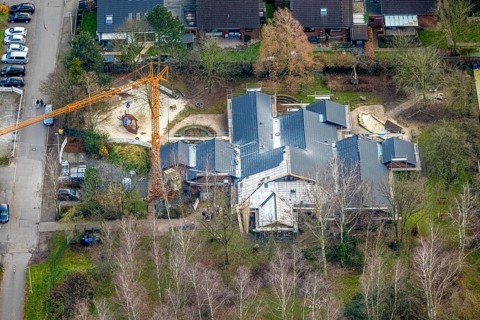 Aerial view, Arche Noah Herringen day care centre construction site, Herringen district, Hamm, Ruhr