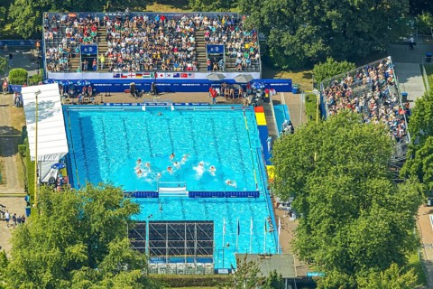 Aerial view, sports park with outdoor swimming pool swimming stadium ASC Dusiburg at Kruppstraße,