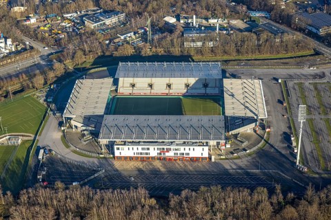 Aerial view, football stadium at the Hafenstraße of the club Rot-Weiß Essen, 3rd Bundesliga,