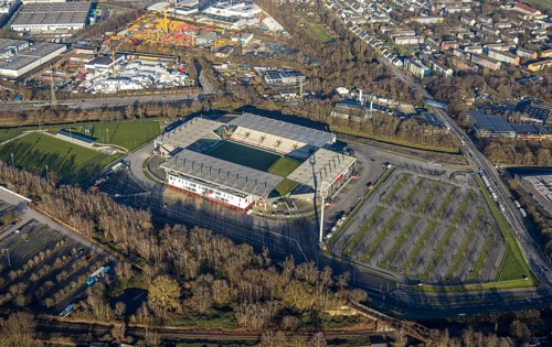 Aerial view, football stadium at the Hafenstraße of the club Rot-Weiß Essen, 3rd Bundesliga,