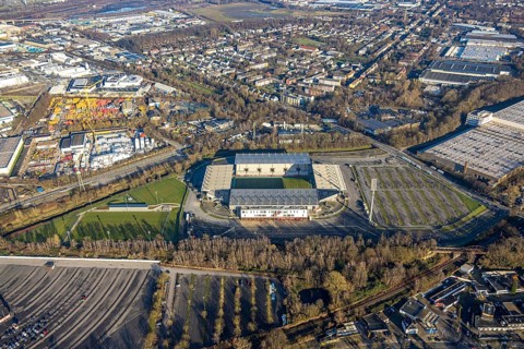 Aerial view, football stadium at the Hafenstraße of the club Rot-Weiß Essen, 3rd Bundesliga,