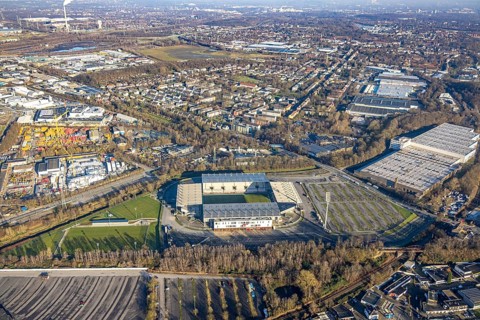 Aerial view, football stadium at the Hafenstraße of the club Rot-Weiß Essen, 3rd Bundesliga,