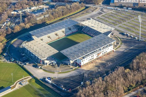 Aerial view, football stadium at the Hafenstraße of the club Rot-Weiß Essen, 3rd Bundesliga,