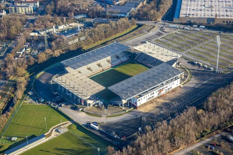 Aerial view, football stadium at the Hafenstraße of the club Rot-Weiß Essen, 3rd Bundesliga,