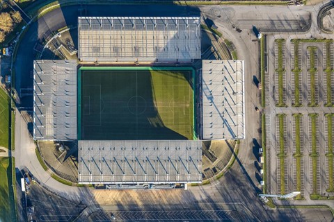 Aerial view, football stadium at the Hafenstraße of the club Rot-Weiß Essen, 3rd Bundesliga,