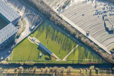 Aerial view, football stadium at the Hafenstraße of the club Rot-Weiß Essen, 3rd Bundesliga,